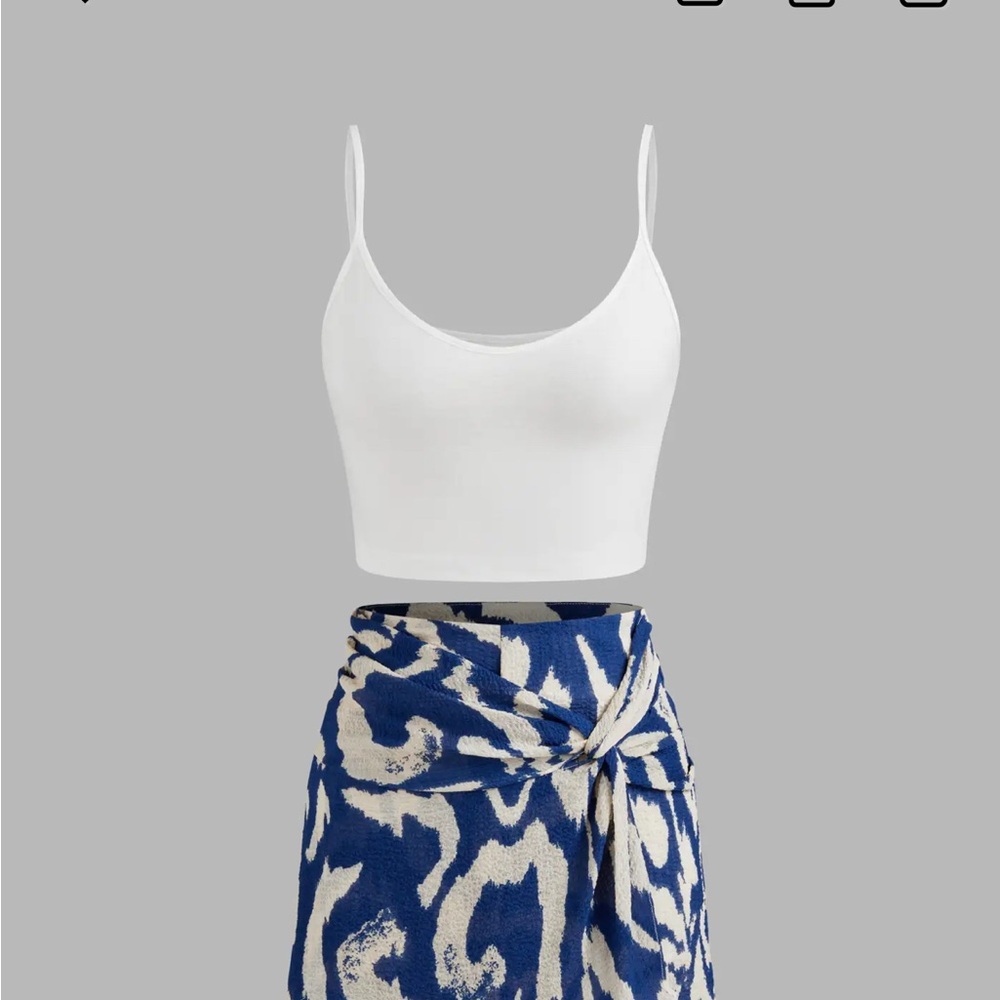White Crop Top and Blue Patterned Skirt